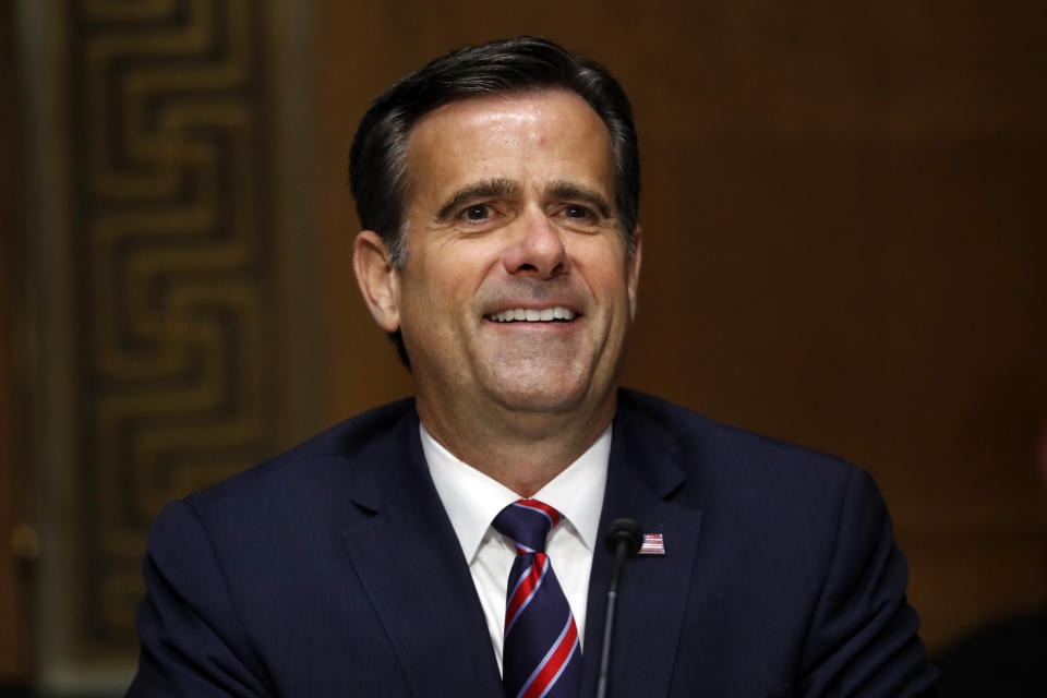 FILE - In this May 5, 2020, file photo, then-Rep. John Ratcliffe, R-Texas, and now Director of National Intelligence testifies before the Senate Intelligence Committee on Capitol Hill in Washington. Officials say Russia and Iran have obtained some voter registration data, aiming to interfere in the November election. (AP Photo/Andrew Harnik, Pool, File)