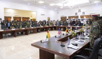 FILE - The defense chiefs from the Economic Community of West African States (ECOWAS) countries excluding Mali, Burkina Faso, Chad, Guinea and Niger, gather for their extraordinary meeting in Accra, Ghana, Thursday, Aug. 17, 2023, to discuss the situation in Niger. Heads of state across West Africa will meet on Saturday, Feb. 24, 2024 to discuss the region’s existential challenges particularly the withdrawal of three junta-led nations from the top regional bloc as well as sanctions imposed to reverse the coup in Niger. The West Africa bloc of ECOWAS summit to hold in Nigeria's capital, Abuja, comes at a critical time when the 49-year-old bloc’s future is threatened. (AP Photo/Richard Eshun Nanaresh, File)