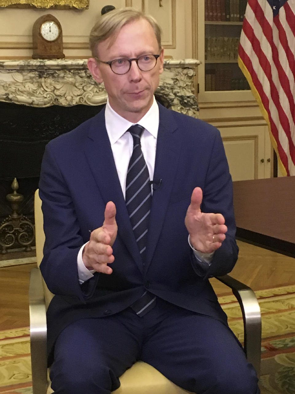 Brian Hook, the U.S. special envoy for Iran, gestures during an interview in Paris, Thursday, June 27, 2019. Brian Hook is meeting with top French, German and British diplomats in Paris for talks on the Persian Gulf crisis at a time when European powers are trying to save the 2015 nuclear deal with Tehran. (AP Photo/Nicolas Garriga)