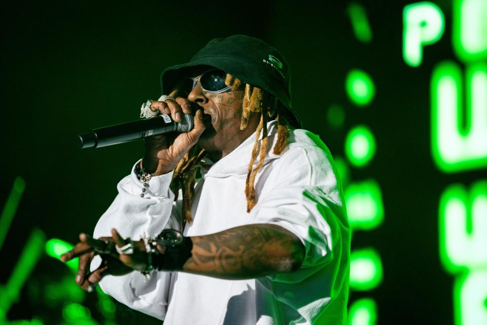 Rapper Lil Wayne performs at Wells Fargo Arena, Thursday, April 11, 2024 in Des Moines, Iowa.