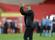 Monaco's coach Thierry Henry applauds the fans after the French League One soccer match between AS Monaco and Paris Saint-Germain at Stade Louis II in Monaco, Sunday, Nov. 11, 2018. PSG won the match 0-4. (AP Photo/Claude Paris)