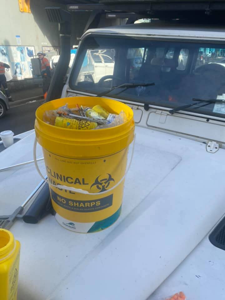 This bucket of needles was collected on Wednesday from the train tracks on York Street, Richmond. Source: Supplied