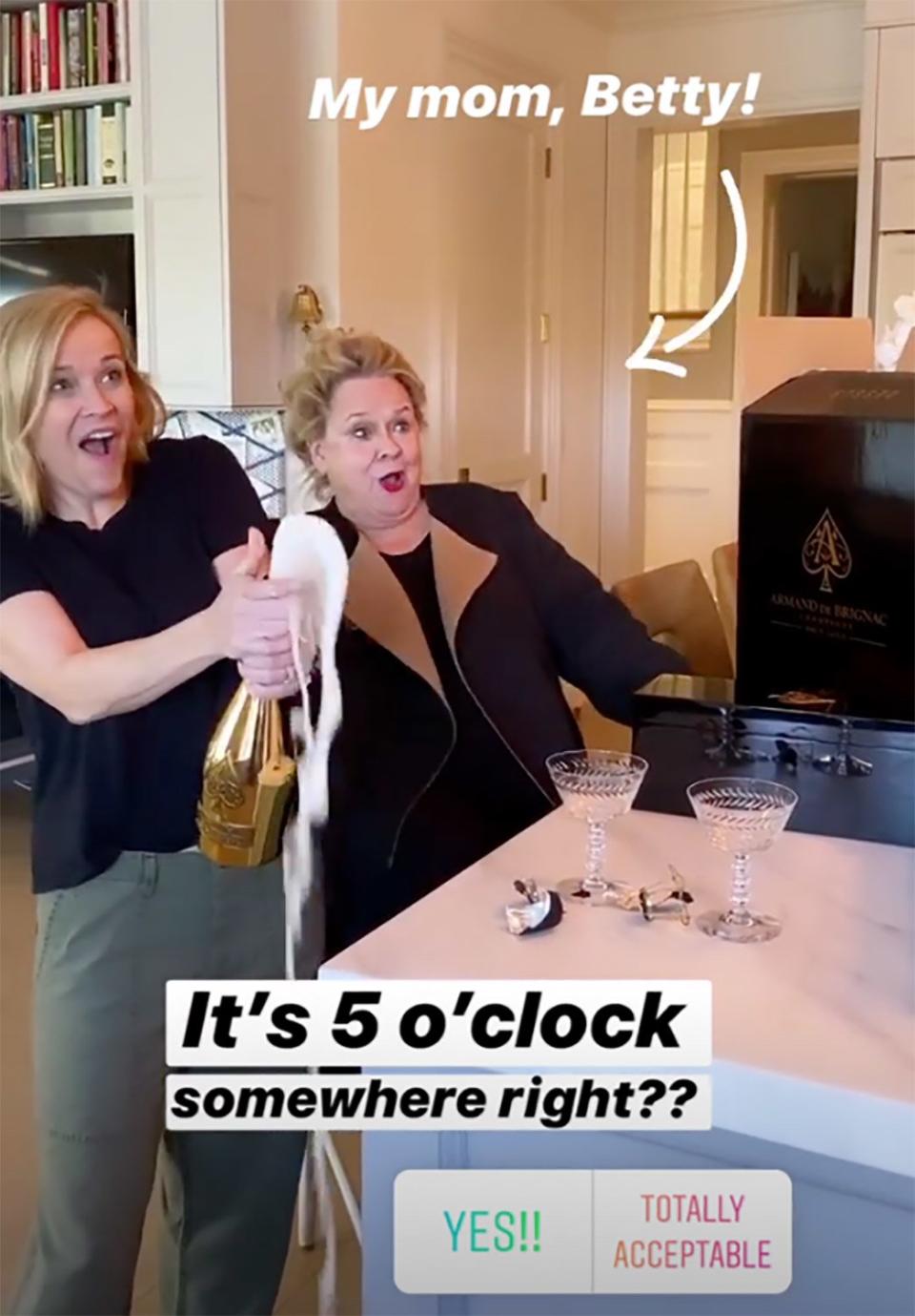 <strong>"It’s 11:30. We’re drinking champagne. Who cares? It’s from JAY-Z and Beyoncé."</strong> — Reese Witherspoon, celebrating with her mom after <a href="https://people.com/food/jay-z-beyonce-send-reese-witherspoon-champagne-after-golden-globes/" rel="nofollow noopener" target="_blank" data-ylk="slk:receiving a case of JAY-Z's Armand de Brignac champagne;elm:context_link;itc:0;sec:content-canvas" class="link ">receiving a case of JAY-Z's Armand de Brignac champagne</a> after <a href="https://people.com/movies/jennifer-aniston-says-reese-witherspoon-asked-beyonce-for-champagne-golden-globes/" rel="nofollow noopener" target="_blank" data-ylk="slk:asking for a glass at the Golden Globes;elm:context_link;itc:0;sec:content-canvas" class="link ">asking for a glass at the Golden Globes</a>, on Instagram Stories