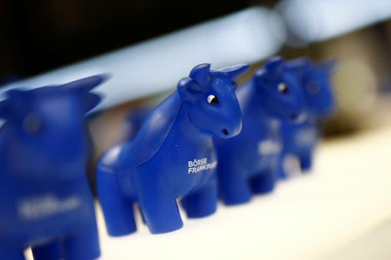 FILE PHOTO: Plastic bull figurines, symbols of the Frankfurt stock exchange are pictured at the Frankfurt stock exchange