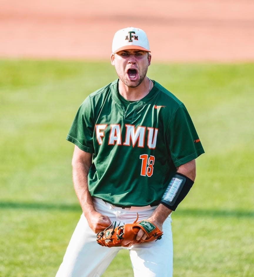 Florida A&M baseball pitcher Zach Morea (18) flexes after closing out Alabama State during the SWAC Tournament Semifinals at Georgia Tech's Russ Chandler Stadium, Friday, May 26, 2023