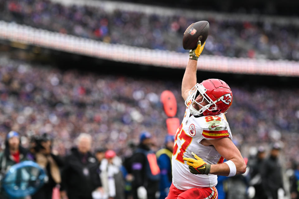 BALTIMORE, MD - JANUARY 28: Travis Kelce #87 of the Kansas City Chiefs goes to spike the football after scoring a touchdown during the first half of the AFC Championship game against the Baltimore Ravens at M&T Bank Stadium on January 28, 2024 in Baltimore, Maryland. (Photo by Kathryn Riley/Getty Images)