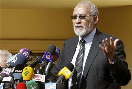 The supreme guide of Egypt's Muslim Brotherhood Mohamed Badie speaks during a news conference at the Brotherhood's main office, which was attacked two days ago, in Cairo December 8, 2012. REUTERS/Amr Abdallah Dalsh