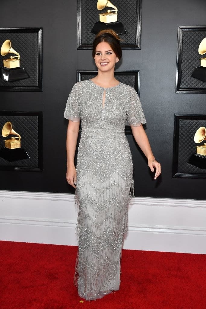 shiny, beaded floor-length dress with t-shirt sleeves