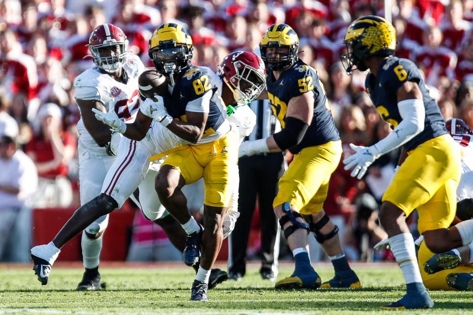 Michigan wide receiver Semaj Morgan makes a catch against Alabama during the first half of the Rose Bowl in Pasadena, California, on Monday, Jan. 1, 2024.