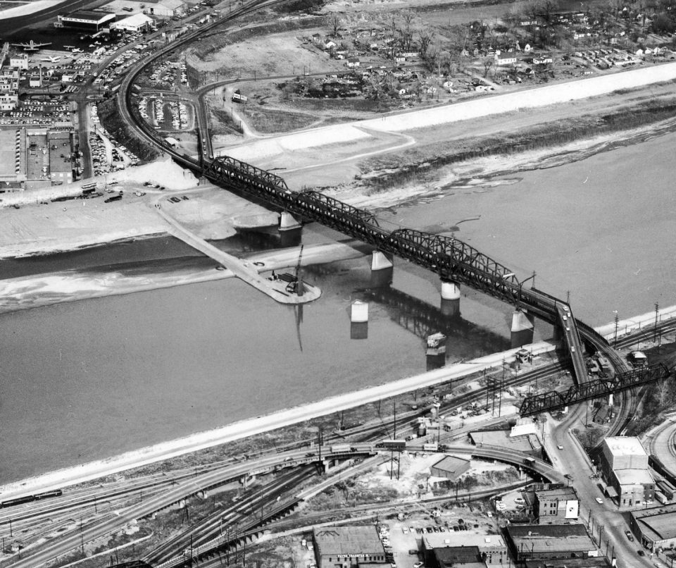Construction begins on what was then called the Broadway Bridge near the old Hannibal Bridge near downtown Kansas City in the mid-1950s.