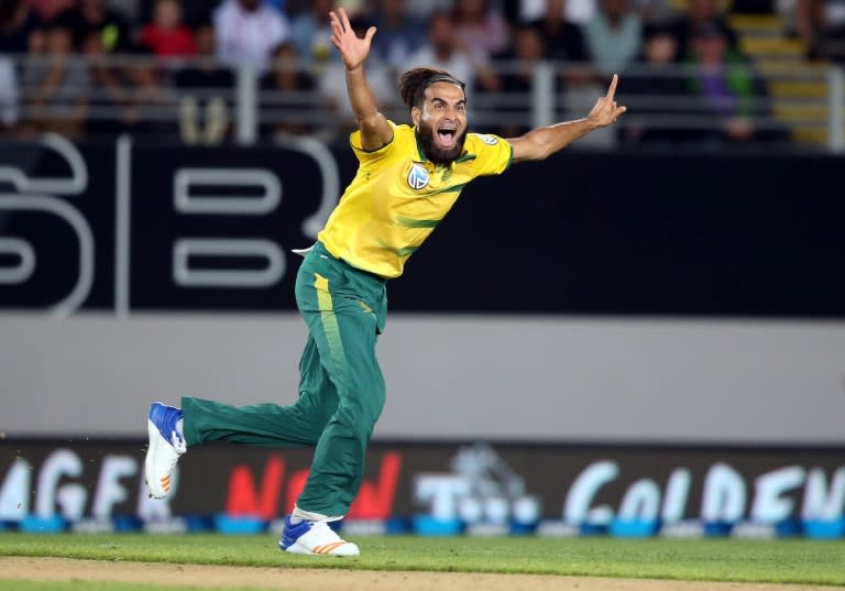 South Africa's Imran Tahir celebrates taking the wicket of New Zealand's Luke Ronchi during the Twenty20 international at Eden Park in Auckland on February 17, 2017