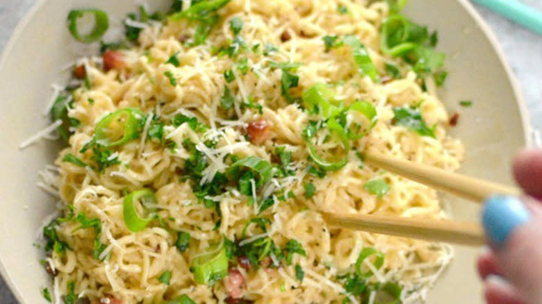 ramen carbonara with green onions