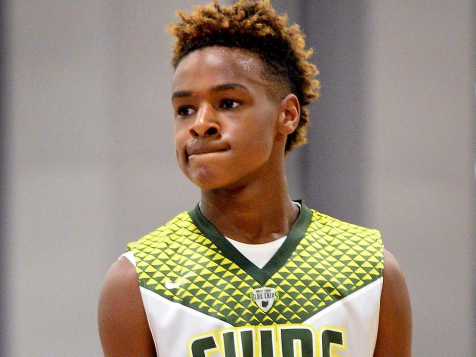 LeBron James Jr. during youth tournament action at the Charlotte Convention Center in Charlotte, N.C., on Friday, July 21, 2017.