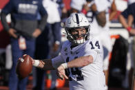 Penn State quarterback Sean Clifford (14) throws during the first half of an NCCAA college football game against Indiana, Saturday, Oct. 24, 2020, in Bloomington, Ind. (AP Photo/Darron Cummings)