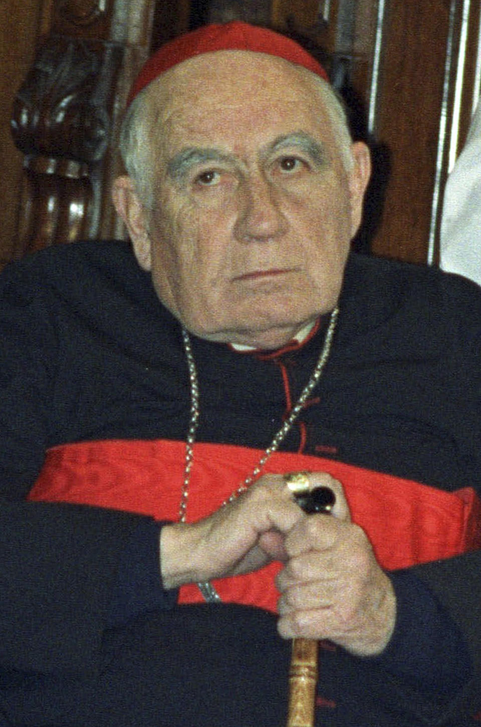 FILE - This 1989 file photo pictures Chilean Cardinal Raúl Silva Henríquez, in Santiago, Chile. Silva Henríquez founded the human rights organization Vicariate of Solidarity that was led by social workers, lawyers, archivists and physicians, to provide support to those harmed by the Augusto Pinochet regime. (AP Photo/Santiago Llanquin, File)