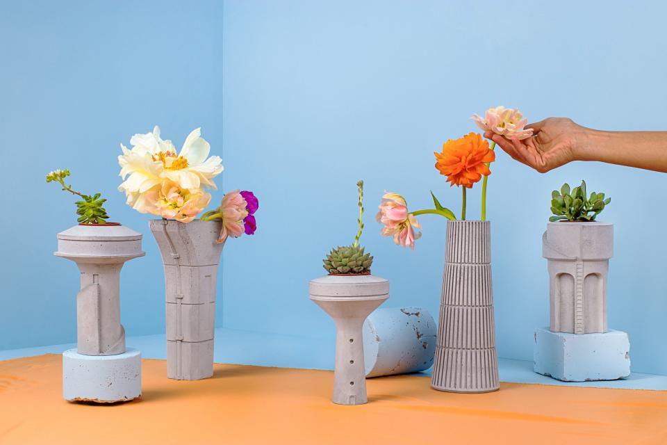 This collection of concrete plant holders and vases show off a Brutalist influence in the water towers seen across India.