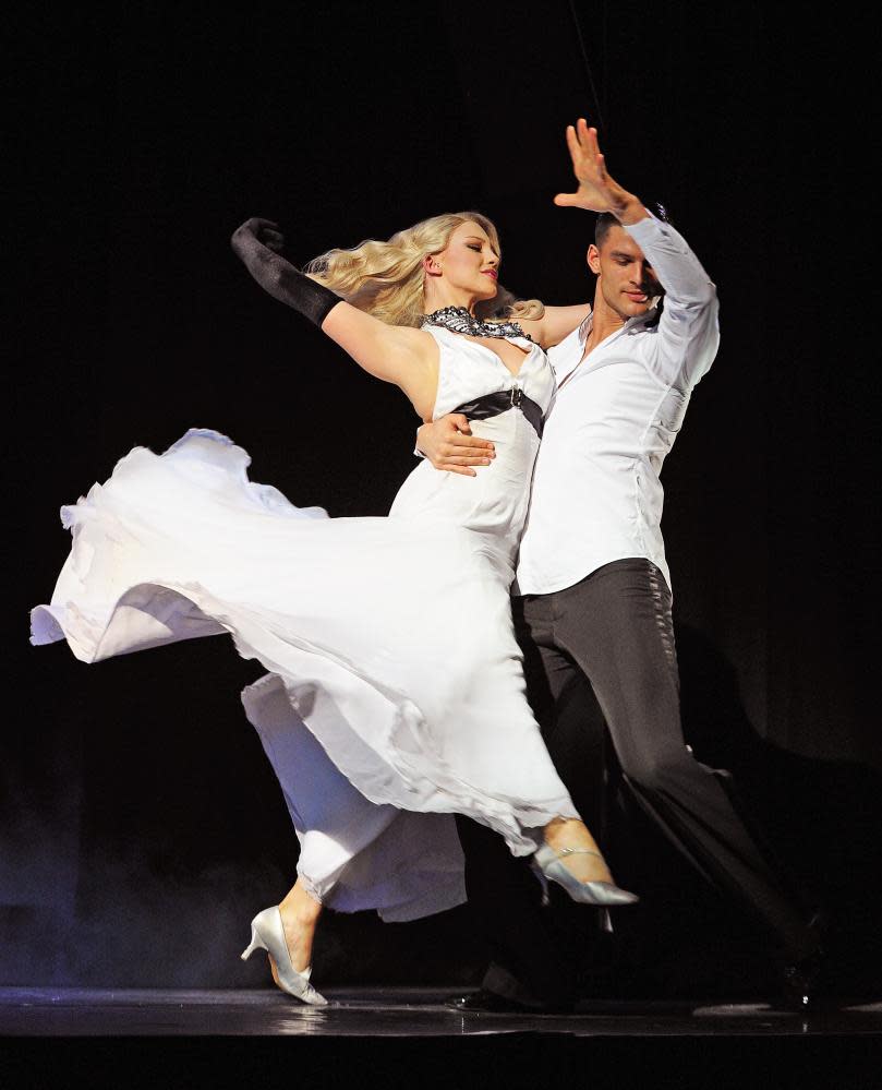 Faye Huddleston and Aljaž Škorjanec in Burn the Floor at Shaftesbury theatre, London, in 2013.