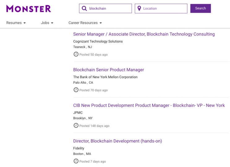 Blockchain job openings on Monster.com