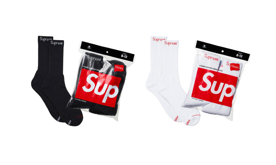 <p>Crew socks, $20,<a rel="nofollow noopener" href="http://www.supremenewyork.com/shop/accessories/szgalvc5q/hsyw4g52m" target="_blank" data-ylk="slk:supremenewyork.com;elm:context_link;itc:0;sec:content-canvas" class="link "> supremenewyork.com</a> </p>