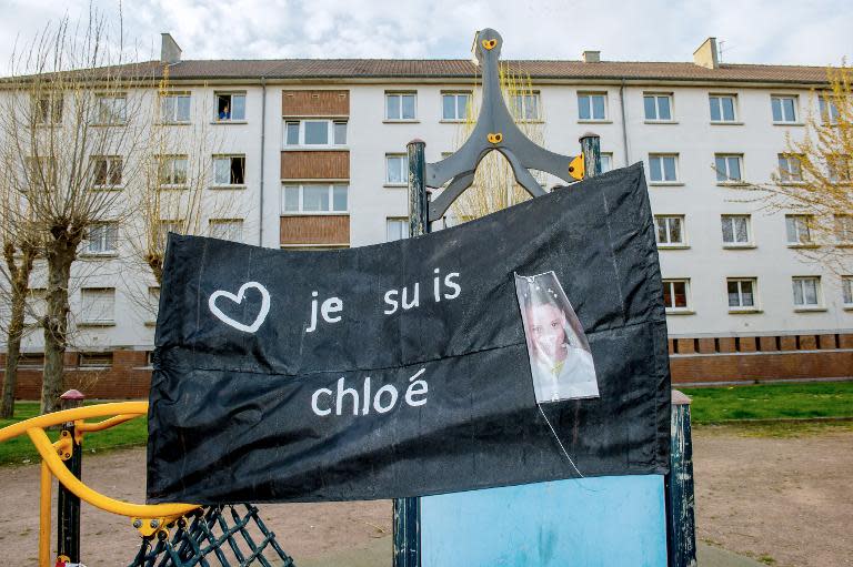 A photo on April 16, 2015 in Calais shows a banner reading "I am Chloe" after a march in homage to a nine-year-old girl who was killed a day before