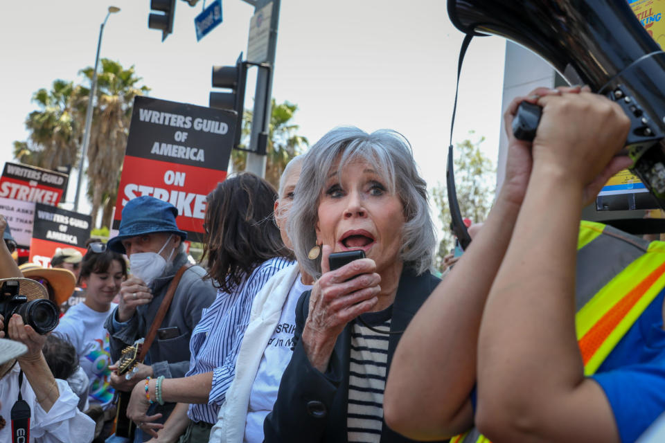 Actress Jane Fonda speaks during a 