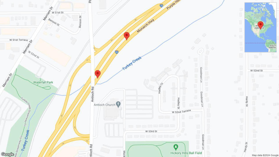 A detailed map that shows the affected road due to 'Crash reported on northbound I-35 in Overland Park' on July 26th at 4:17 p.m.