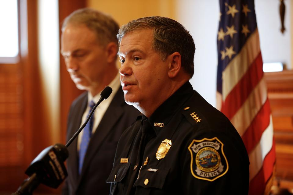 Mayor Jon Mitchell and Police Chief Paul Oliveira announce a five thousand dollar signing bonus for new police officers at a press conference held in New Bedford City Hall.