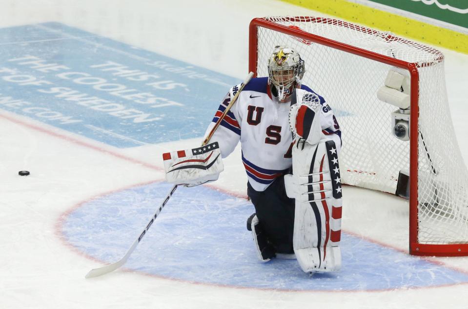 United States' goalie Gillies reacts after giving up a goal to Canada's McDavid during the third period of their IIHF World Junior Championship ice hockey game in Malmo