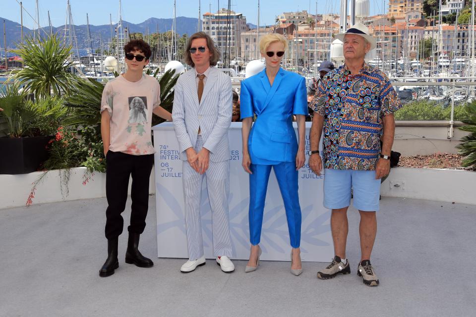 Timothée Chalamet, Wes Anderson, Tilda Swinton, and Bill Murray at the Cannes Film Festival. - Credit: KCS Presse / MEGA