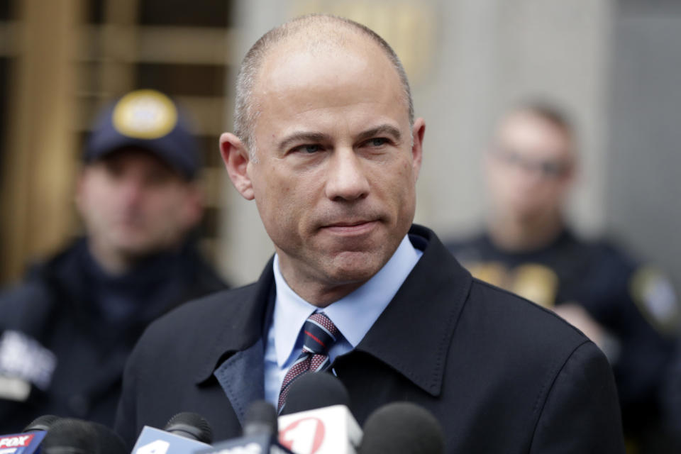 FILE - In this Dec. 12, 2018, file photo, attorney Michael Avenatti speaks outside court about Michael Cohen's sentencing in New York. Federal prosecutors have charged an IRS employee with leaking banking records of President Donald Trump's former personal lawyer, Michael Cohen, the U.S. attorney's office in San Francisco said Thursday, Feb. 21, 2019. John C. Fry, an investigative analyst for the IRS's law enforcement arm, was charged on Feb. 4 with unlawful disclosure of suspicious activity reports, prosecutors said. He acknowledged releasing the information to attorney Michael Avenatti, the affidavit says. (AP Photo/Julio Cortez, File)