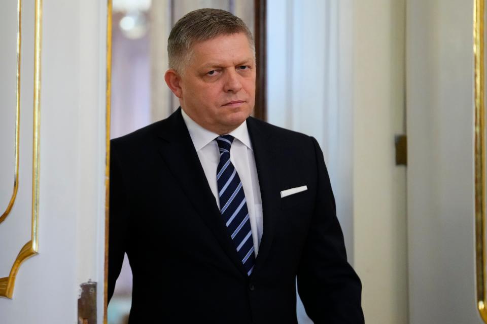 Newly appointed Slovakia's prime minister Robert Fico arrives for a swear in ceremony at the Presidential Palace in Bratislava (Copyright 2023 The Associated Press. All rights reserved)