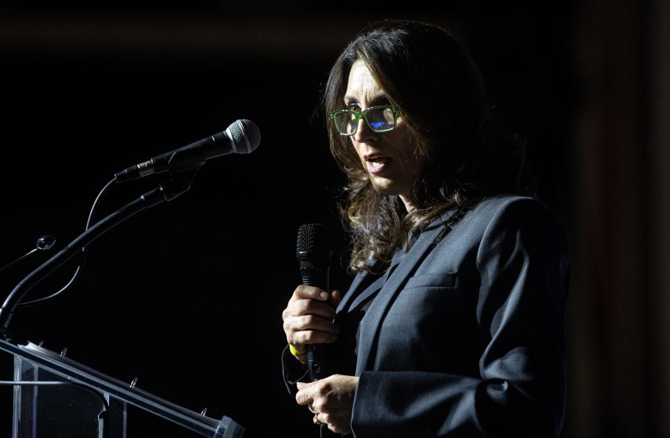 Nueces County Judge Barbara Canales delivers the State of the County address during a luncheon on Wednesday, Dec. 8, 2021, at Richard M. Borchard Regional Fairgrounds in Robstown.