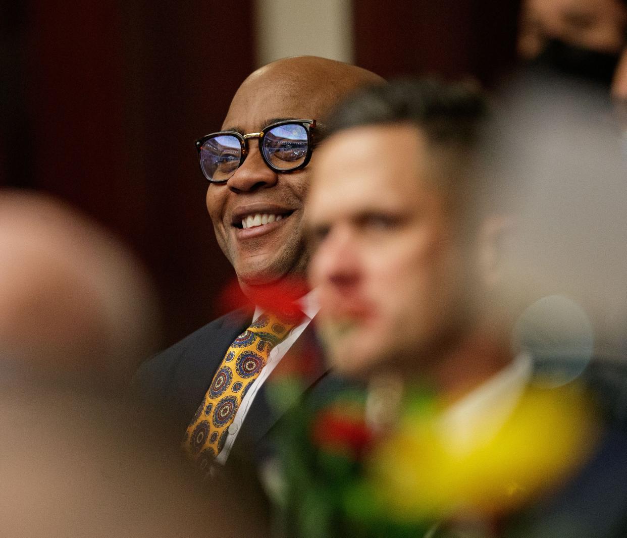 Former State Rep. Alan Williams smiles and listens as Speaker of the House Chris Sprowls presents his opening remarks to the Florida House of Representatives during opening day of the 2022 Florida Legislative Session Tuesday, Jan. 11, 2022. 