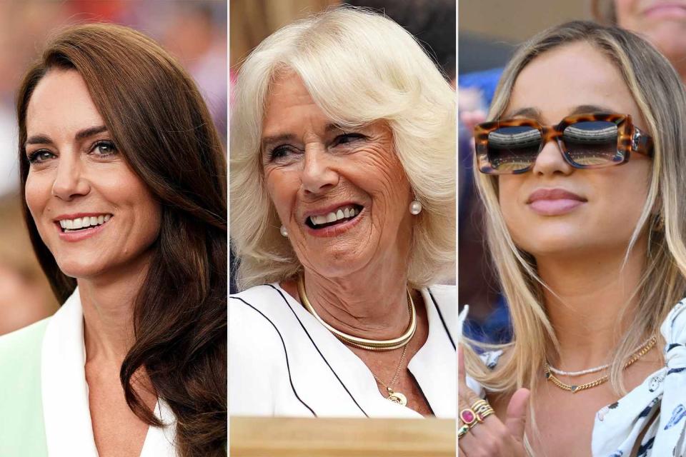 <p>Karwai Tang/WireImage</p> Kate Middleton, Queen Camilla and Lady Amelia Windsor, pictured at Wimbledon in July 2023. 