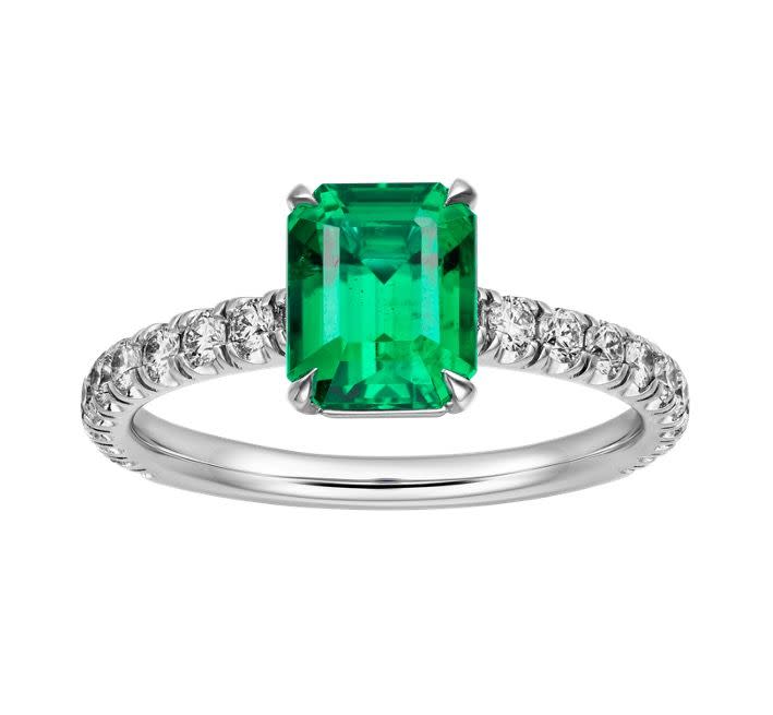 <p>Sometimes, only an emerald will really do. This stunning stone is set on a platinum band, paved with brilliant-cut diamonds. </p><p> Emerald, diamond and platinum ring, price on request, Cartier </p><p><a class="link " href="https://www.cartier.com/Item/Index?cod10=25458910981833891&siteCode=CARTIER_GB&langId=4" rel="nofollow noopener" target="_blank" data-ylk="slk:SHOP NOW;elm:context_link;itc:0;sec:content-canvas">SHOP NOW</a></p>