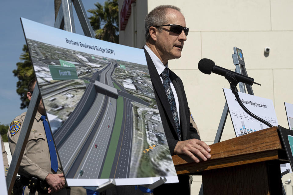 John Bulinski, Director of Caltrans District 7, announces the closure of the I-5 freeway through Burbank for 36 hours during a news conference in Burbank on Thursday, March 5, 2020. Authorities are putting the word out ahead of a major freeway closure next month, hoping to avoid, as they did in 2012, a traffic nightmare they've nicknamed Carmageddon. Transit officials will be closing a section of Interstate 5 on the weekend of April 25-27 as part of a major improvement project that involves tearing down a bridge. (David Crane/Los Angeles Daily News via AP)