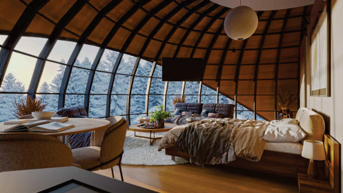 A rendering of the inside of the "Cloud Dome" glamping cabin.