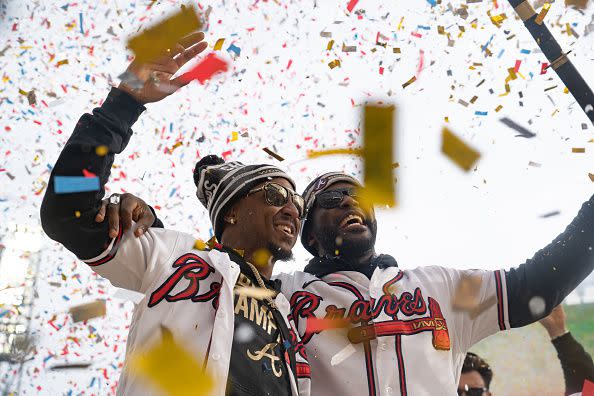 ATLANTA, GA - NOVEMBER 05: Members of the Atlanta Braves celebrate following their World Series Parade at Truist Park on November 5, 2021 in Atlanta, Georgia. The Atlanta Braves won the World Series in six games against the Houston Astros winning their first championship since 1995. (Photo by Megan Varner/Getty Images)