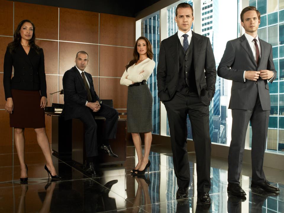 Xxx Suits Jpg
The cast of "Suits" in a promotional photo from Season 1: Gina Torres as Jessica, Rick Hoffmann as Louis, Meghan, the Duchess of Sussex, then Meghan Markle, as Rachel Zane, Gabriel Macht as Harvey Specter and Patrick Adams as Mike Ross.