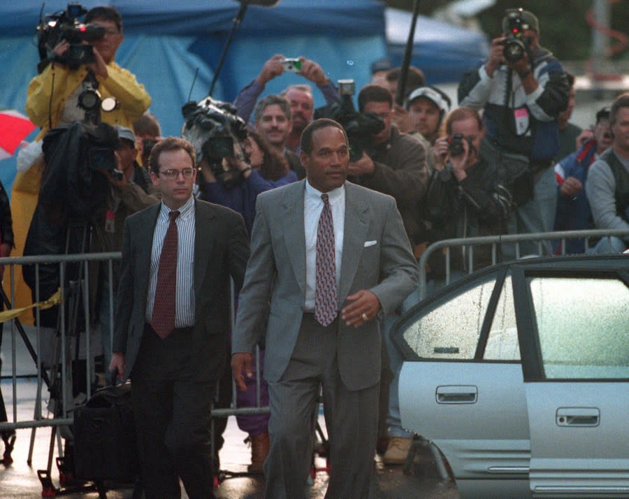 O.J. Simpson leaves the Santa Monica Courthouse after a day of testifying in his civil trial for the murders of Nicole BrownSimpson and Ronald Goldman. (Photo by Robert Gauthier/Los Angeles Times via Getty Images)