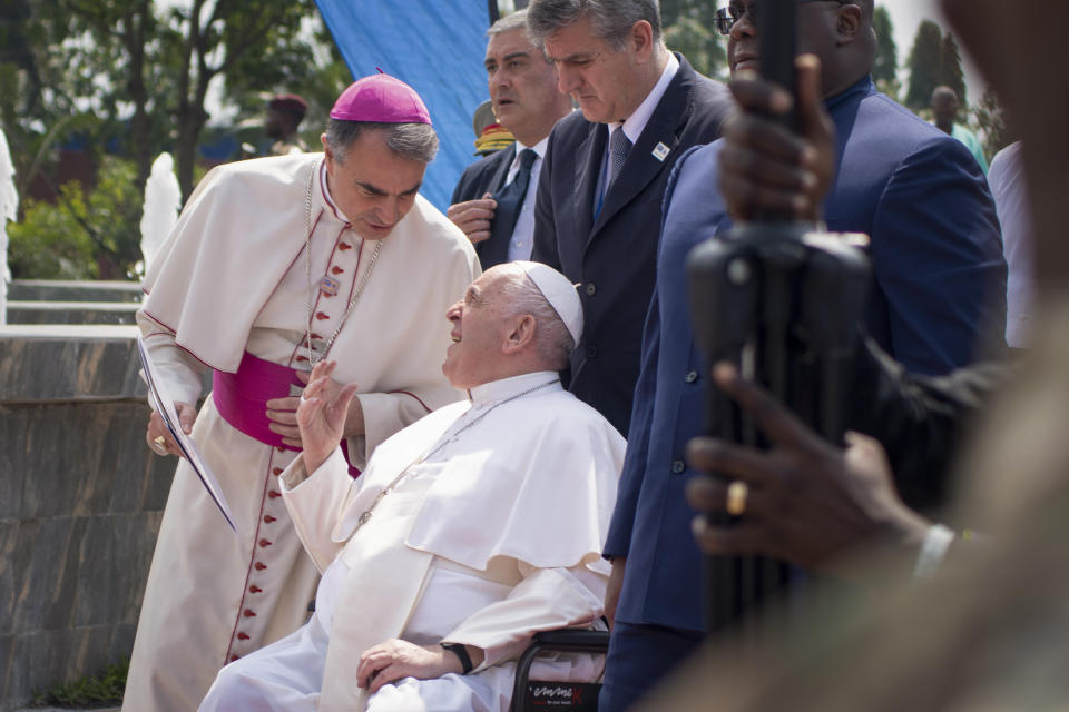 Pope Francis departs for South Sudan from Kinshasa, Congo, Friday Feb. 3, 2023. Pope Francis opened the second and final leg of his African pilgrimage by heading to South Sudan on Friday, hoping to encourage the young country’s stalled peace process and draw international attention to continued fighting and a worsening humanitarian crisis. (AP Photo/Samy Ntumba Shambuyi)