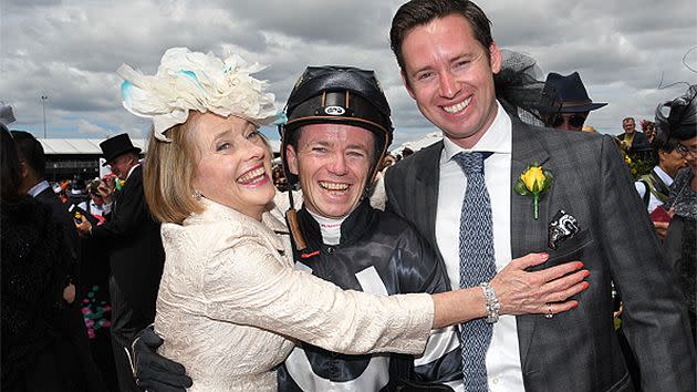 Gai Waterhouse and Adrian Bott with Sort After jockey Stephen Baster. Pic: Getty