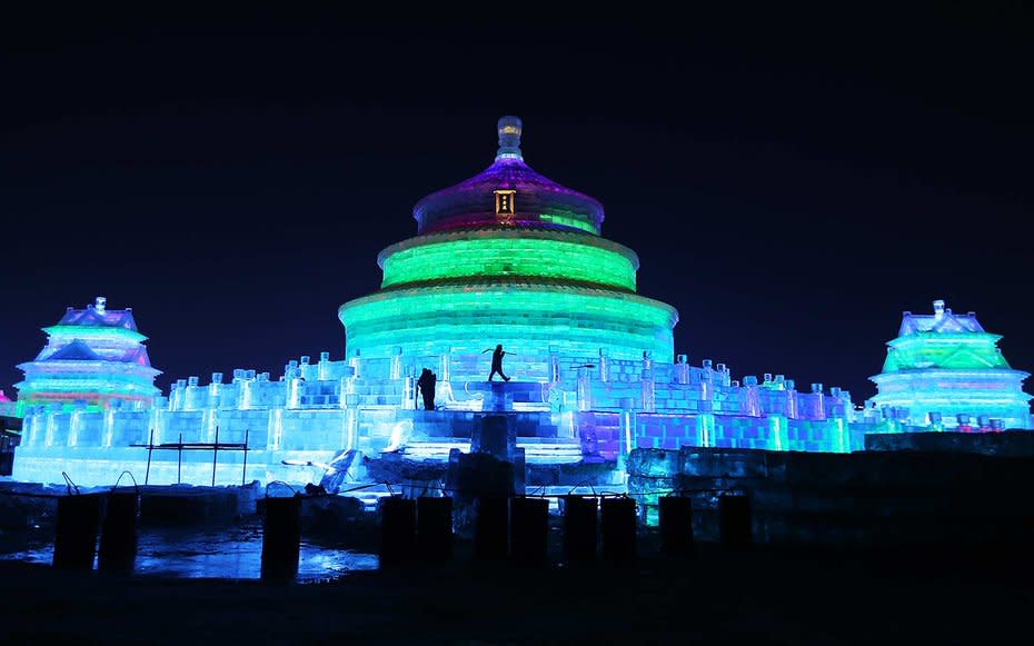 <p>A view of structures built of ice during the opening night of the annual tourist attraction.</p>