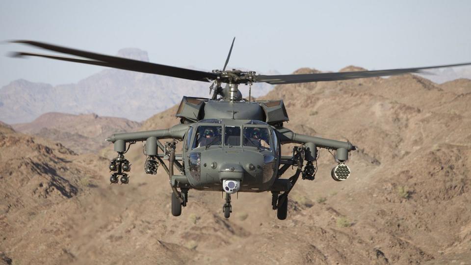 This S-70 Black Hawk helicopter is armed with four forward-firing guns, a rocket pod and laser-guided missiles. (Lockheed Martin)