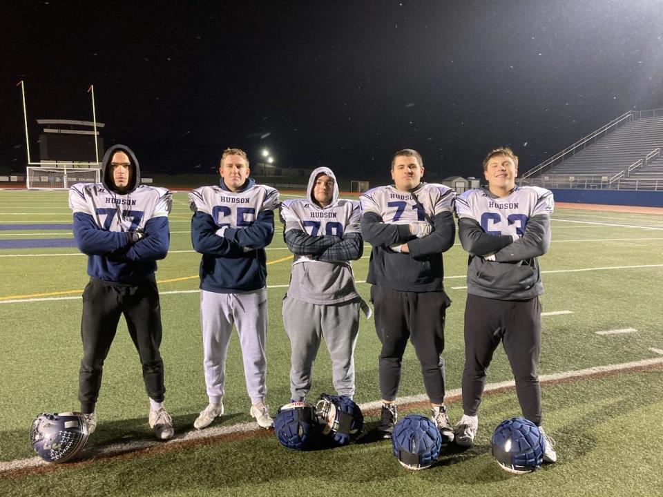 Hudson's starting offensive line includes, from left, senior Matt Clapper, sophomore Jake Claspper, senior Logan Hensel, senior John Kampa and junior Tommy Ricard.