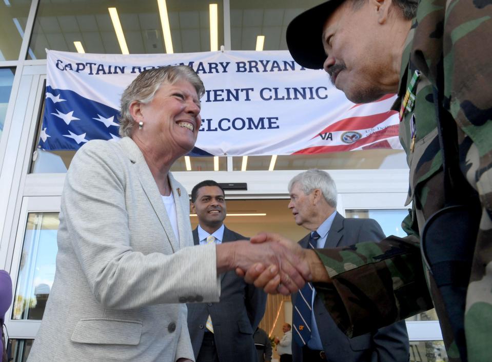 U.S. Rep. Julia Brownley, D-Westlake Village, shakes hands with Army veteran Jess Gutierrez at the dedication ceremony of the new 50,000 square-foot Veterans Affairs clinic in Ventura on Wednesday, Nov. 9, 2022.