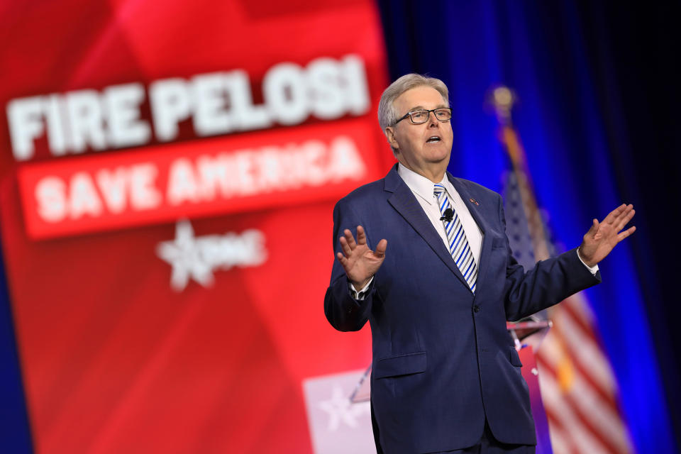 Texas Lt. Gov. Dan Patrick speaks during the Conservative Political Action Conference in Dallas on Aug. 4, 2022.  (Dylan Hollingsworth / Bloomberg via Getty Images file)