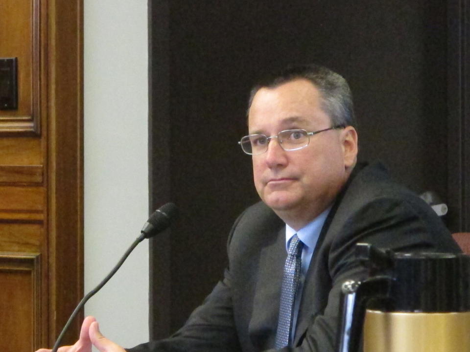 Thomas Reeg, president of Eldorado Resorts, testifies Sept. 12, 2018 before the New Jersey Casino Control Commission in Atlantic City, N.J. about the company's plans for the Tropicana casino in Atlantic City, which it is in the process of buying. (AP Photo/Wayne Parry)