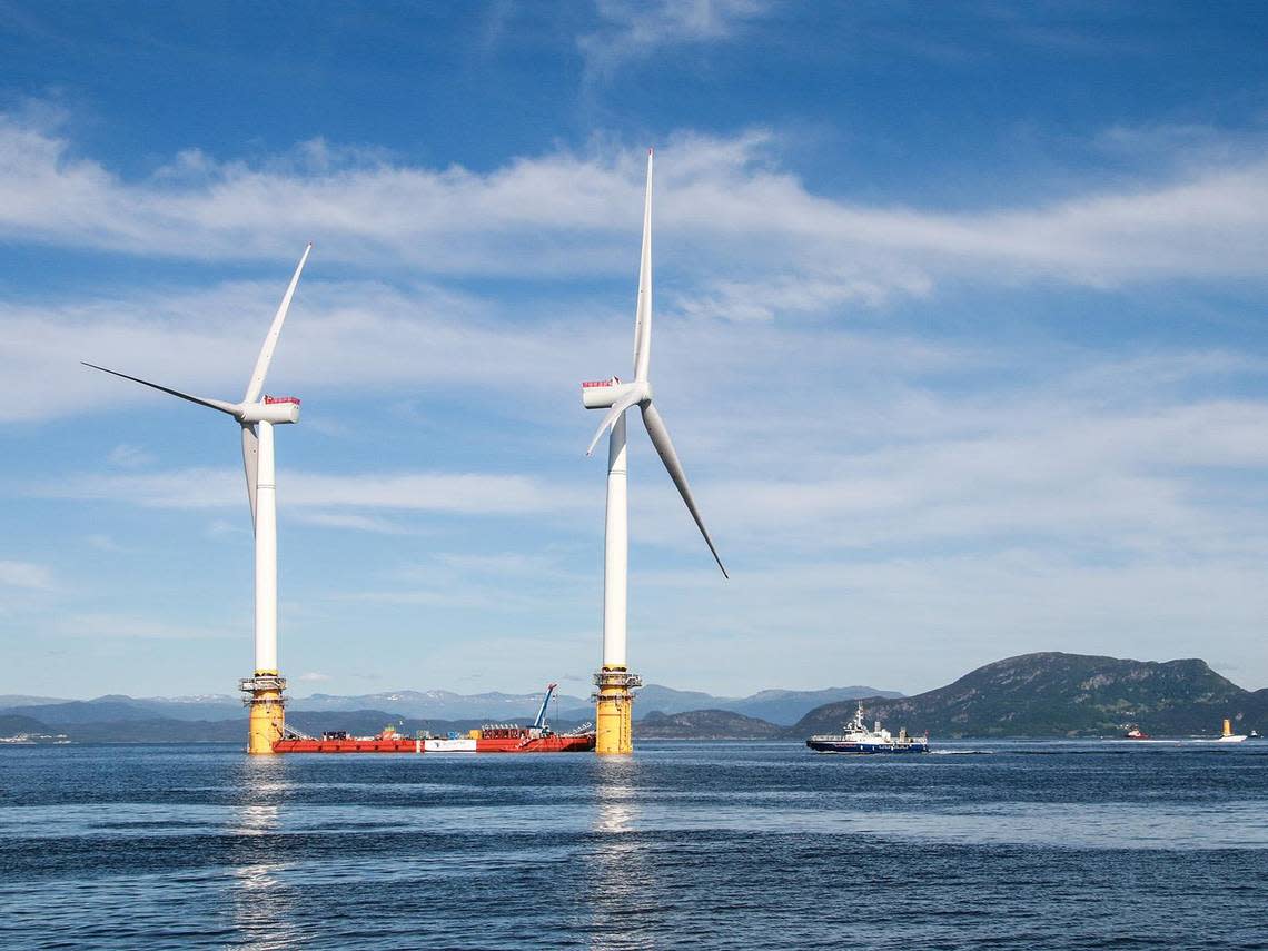 Researchers at PNNL are helping advance accelerate the deployment and reduce the cost of floating offshore wind energy in the United States. Shown here is the world’s first floating wind farm in Scotland’s Hywind installation.
