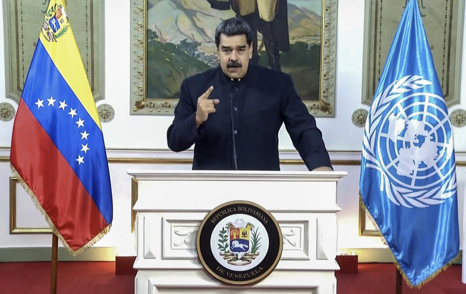 In this UNTV image, Nicolás Maduro Moros, President of Venezuela, speaks in a pre-recorded video message during the 75th session of the United Nations General Assembly, Wednesday, Sept. 23, 2020, at UN headquarters in New York. The U.N.'s first virtual meeting of world leaders started Tuesday with pre-recorded speeches from heads-of-state, kept at home by the coronavirus pandemic. (UNTV via AP)